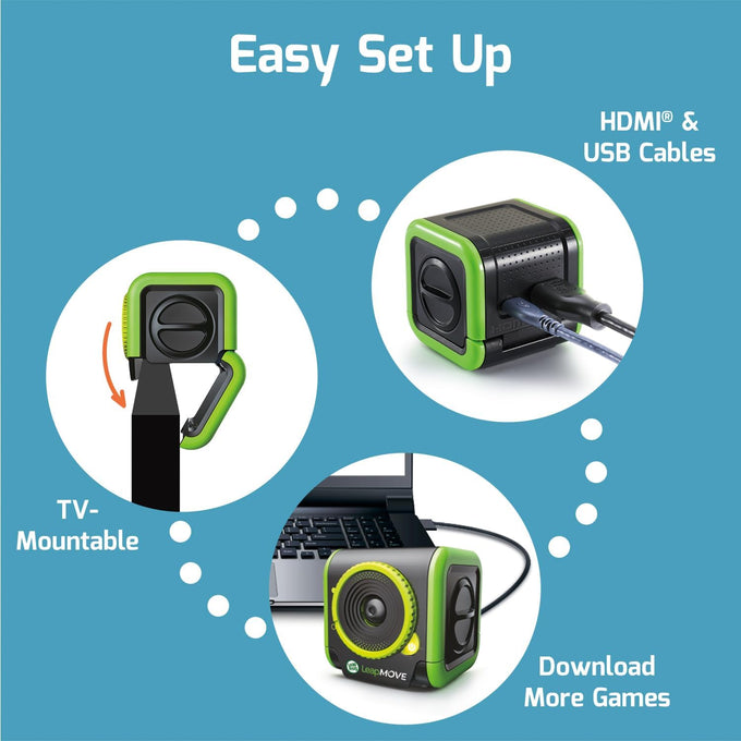 LeapFrog LeapMove Active Learning Video Game System for children aged 4-7 years. This interactive system features 25 preloaded games and adventures, exploring math, spelling, and phonics through movement across three learning levels.