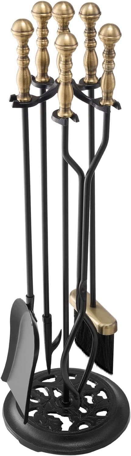 VEVOR Fireplace Tool Set, 5 PCS Fire Tool Set and Holder with Five-Prong Stand, Tongs, Ash Shovel, Brush, Fire Place Poker, Wrought Iron Fireplace Accessories for Indoor/Outdoor, Black & Brass