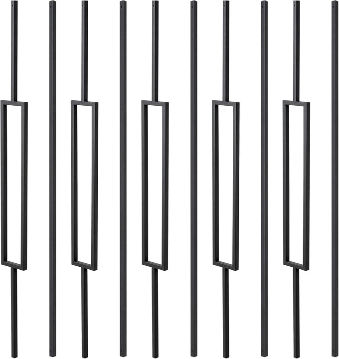 10 Pack Wrought Iron Railing, 44" x 1/2" Rectangular Hollow Staircase Baluster, Black Stair Spindles Balusters for Staircase Interior (5 Rectangular and 5 Straight)