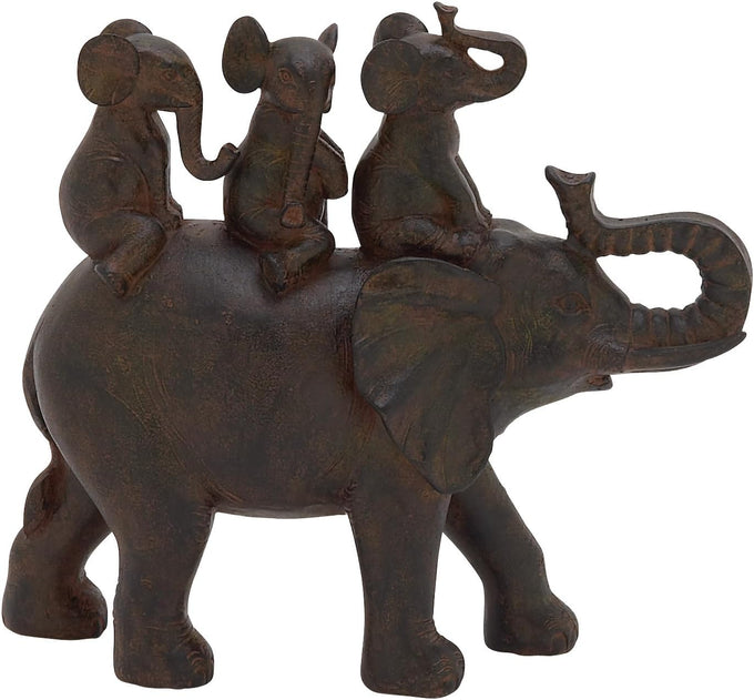 Deco 79 Resin Elephant Decorative Sculpture Walking Home Decor Statue with Dark Brown Deer, Accent Figurine 20" x 6" x 11", Black