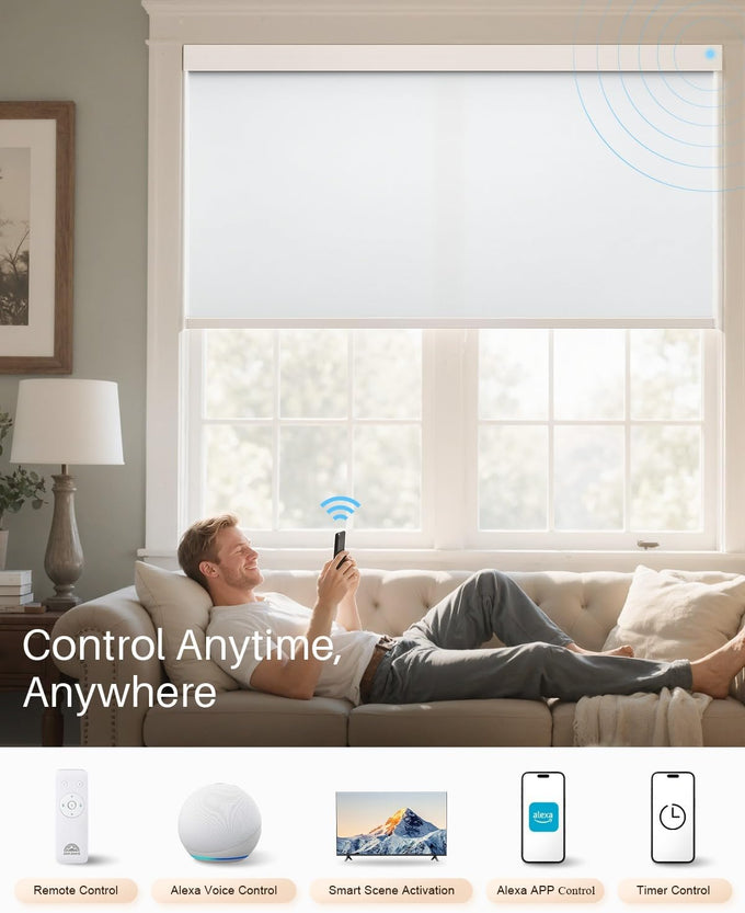 Smart Roller Shades for Windows, Works with Alexa, 23" W x 70" H, White