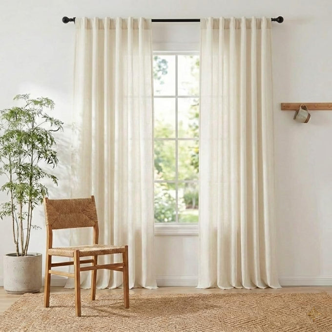 NICETOWN Natural Linen and polyester 102 inch Curtains for Bedroom, Back Tab & Rod Pocket with Pleat Tab Privacy Added with Light Filtering Window Treatments for Living Room, W52 x L102, 2 Panels
