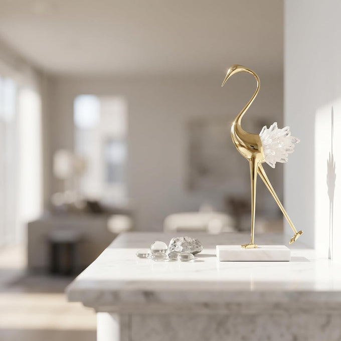 suruim Elegant Gold Crane Bird Statues with Crystal Tail Accents, Decorative Brass Figurines for Home Decor (White B)