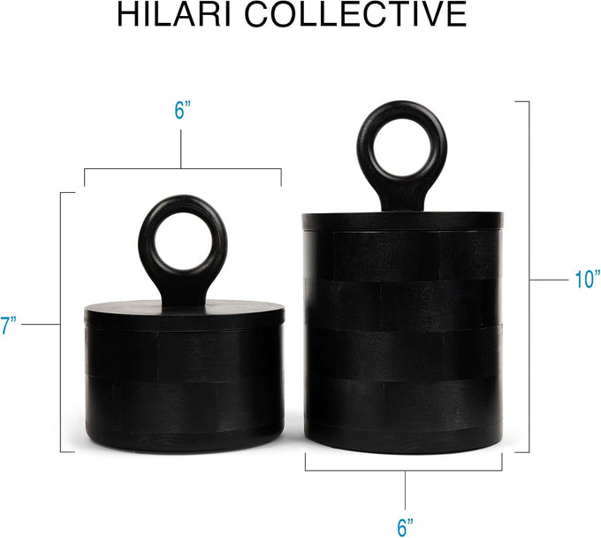 Premium Designer Black Wood Canister with Lids - Set of 2 - Decorative Jars for Kitchen Decor, Dining Room and Pantry
