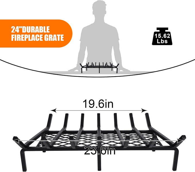 24 Inch Fireplace Grate with Ember Retainer,Cast Iron Fireplace Log Grate,Fireplace Log Holder,Heavy Duty Solid Steel Fireplace Wood Holder,Wood Stove Wrought Rack for Indoor Hearth Outdoor Fireplace