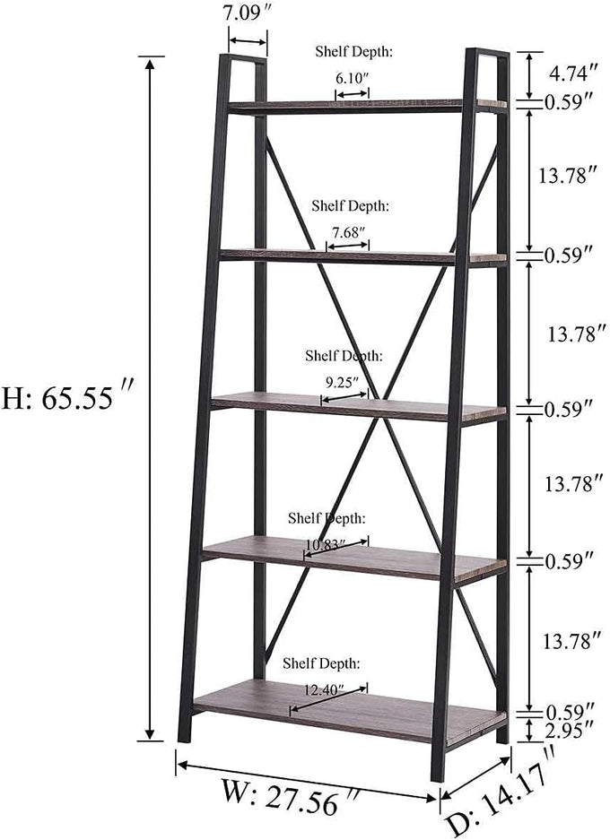 BON AUGURE 5 Tier Ladder Shelf, Leaning Bookshelf, Wood Metal Storage Shelf