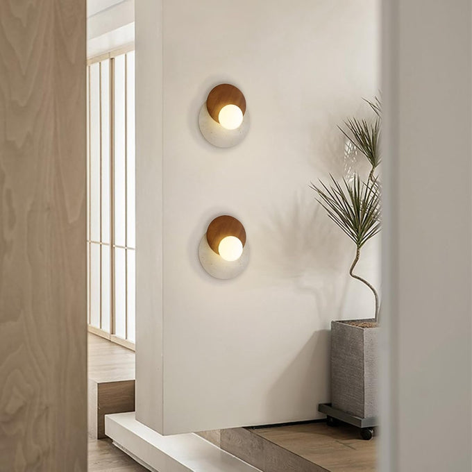 Wabi-Sabi Travertine Wall Sconce, Round Natural Stone & Walnut Wood Accent with White Glass Sphere Lamp Shade, G9 Bulb | Wall Lights for Bedroom, Hallways, Staircases, Hotel, Bars, Cafes