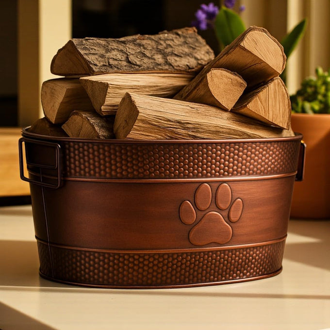 BREKX 25-Quart Tub for Firewood Storage Rack Log Holder - Heavy-Duty Portable Galvanized Tub with Handles for Indoor/Outdoor (Bronze Paw)