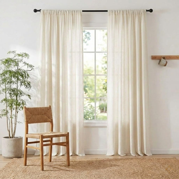 NICETOWN Thick Linen Semi Sheer Light Filtering Curtains, Back Tab/Rod Pocket with Pleat Tape Privacy Added Window Treatments for Bedroom/Farmhouse, Angora, W52 x L95, 2 Panels