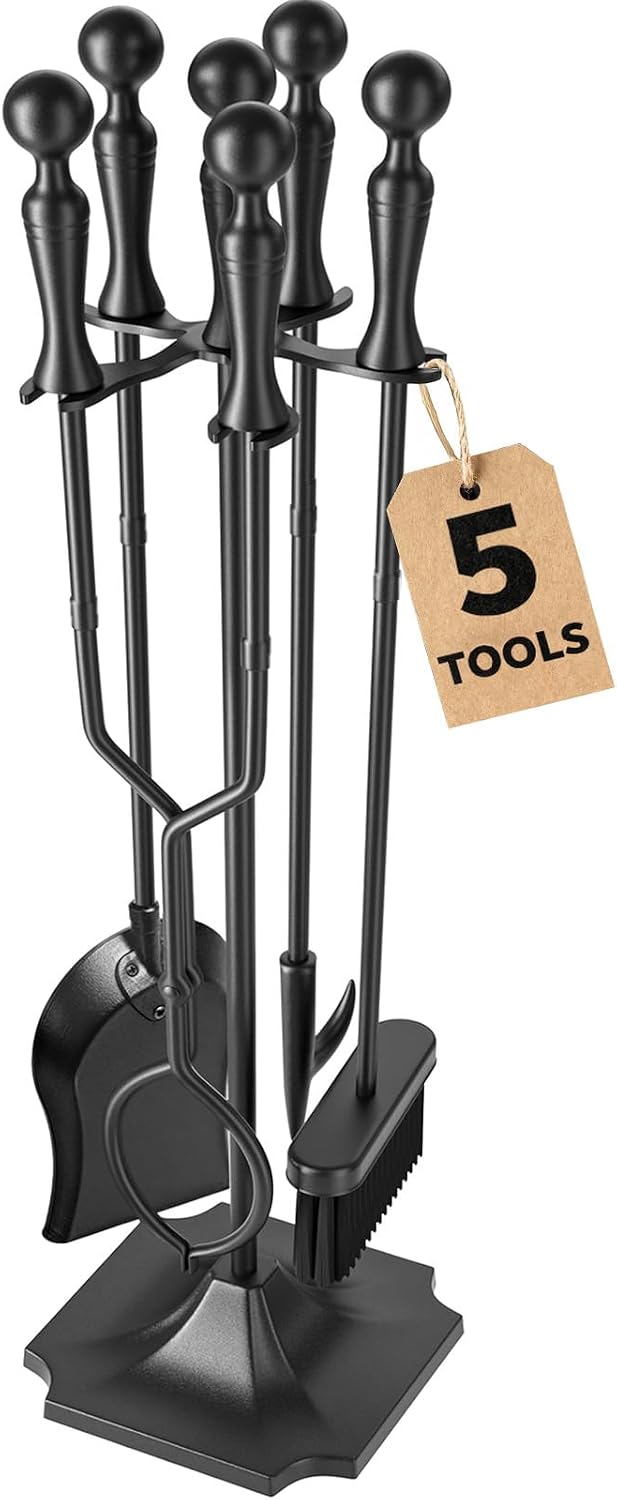 AMAGABELI Garden & Home 5 Pcs Fireplace Tools Brass Handles Wrought Iron Set Holder Indoor Outdoor Fireset Fire Pit Stand Rustic Tongs Shovel Brush Chimney Poker Wood Stove Hearth Accessories Kit