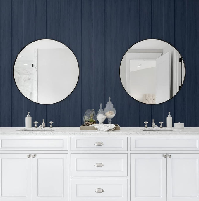 Faux Wood Panel Prepasted Wallpaper (Naval Blue)