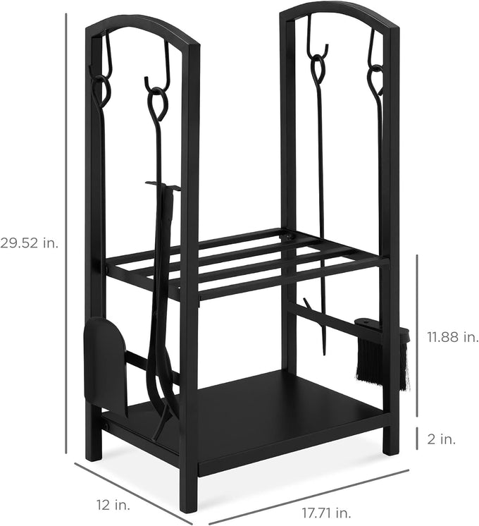 Best Choice Products 5-Piece Indoor Outdoor Wrought Iron Firewood Log Storage Rack Holder Firepit Tools Set for Fireplace, Fire Pit, Stove w/Hook, Broom, Shovel, Tongs - Black