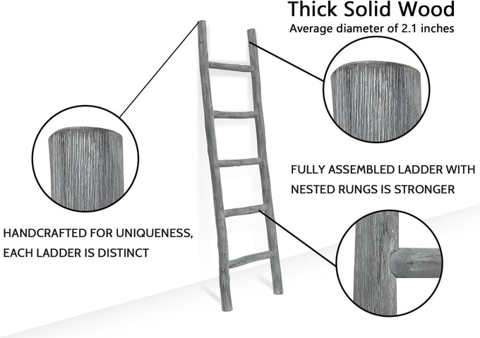 FUIN Blanket Ladder, 57in Wood Rustic Decorative Ladder, Light Gray