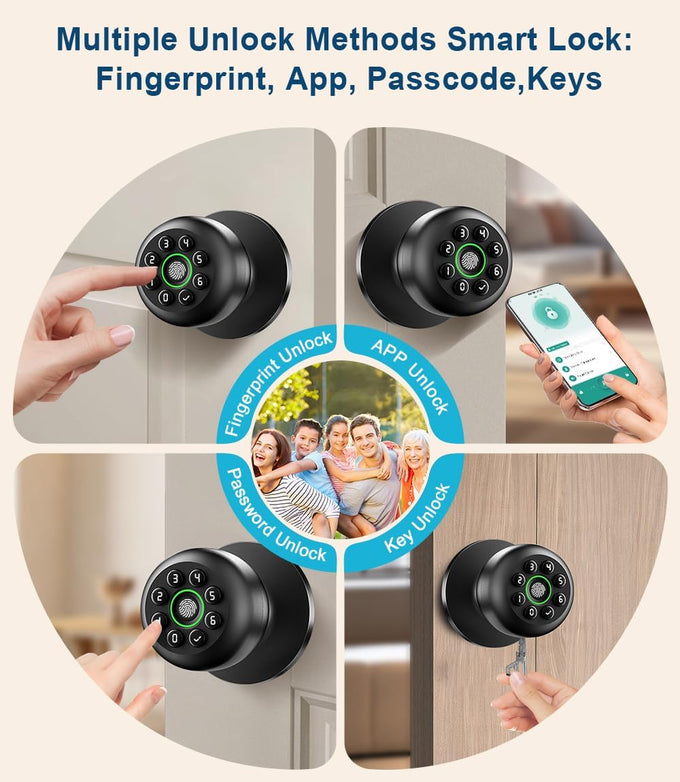 Smart Fingerprint Door Knob with Keypad, Fingerprint Door Lock, Matte Black