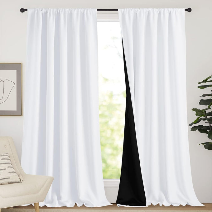 NICETOWN Thermal Insulated Curtains for Windows, Super Heavy-Duty Black Lined Blackout Curtains for Bedroom, Privacy Assured Window Treatment (White, Pack of 2, 62-inch W x 95-inch L)