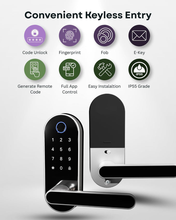 Keyless Entry Fingerprint Digital Smart Lock with Handle & Keypad: Electronic/Electric Lock with Code, App Control Biometric Deadbolt Door Knob for Front, Interior, Exterior & Bedroom Door (Silver)