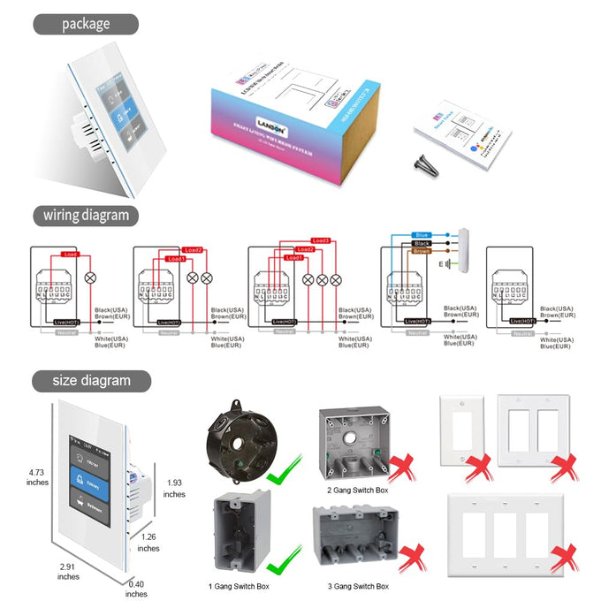 LANBON Smart Light Switch,1/2/3 Gang,3 Way for Whole House, LCD Magic Panel by WiFi Mesh Never be Offline, 2.4G Wi-Fi Smart Switch Compatible with Alexa&Google Home, Neutral Wire Required,L8-HS-White