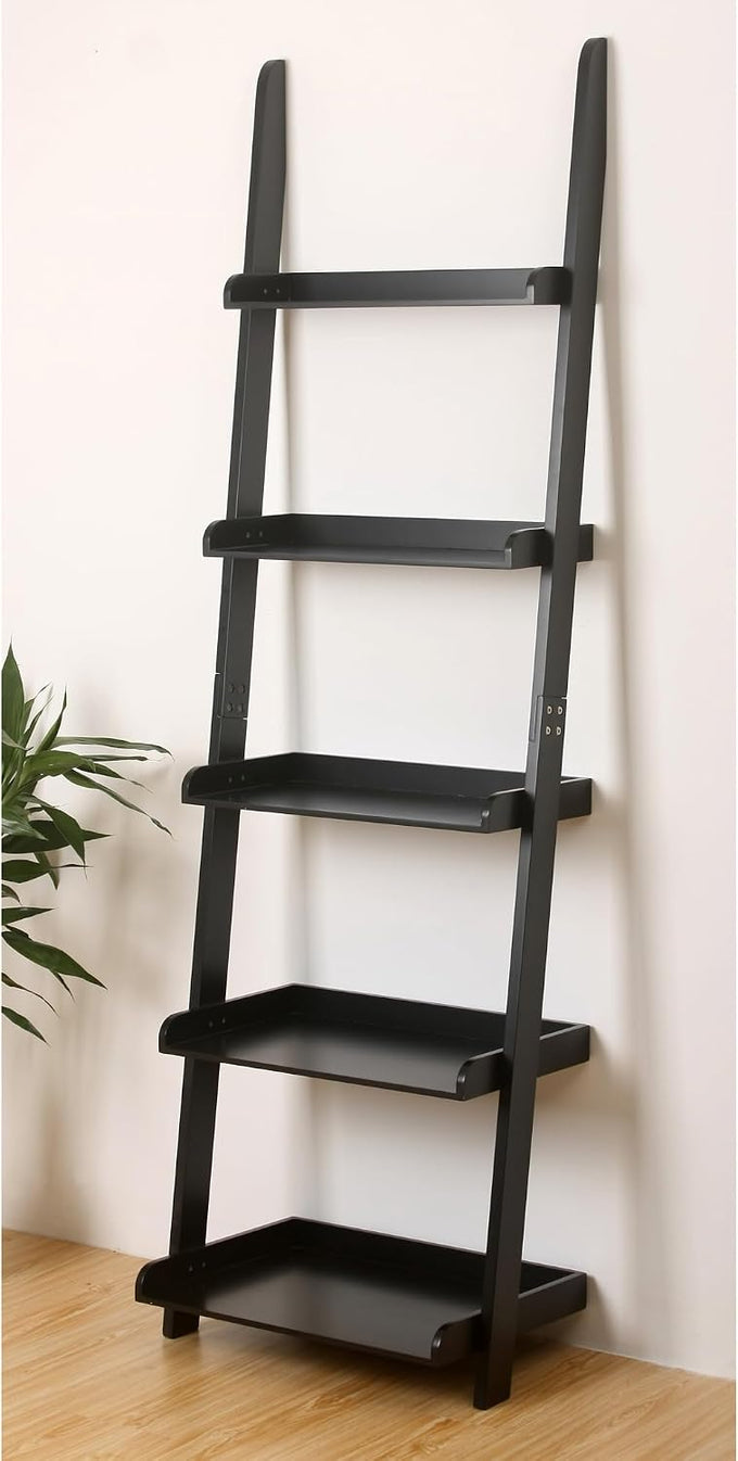 eHemco Modern 5 Tier Leaning Wall Ladder Bookshelf, Black, 70 Inches