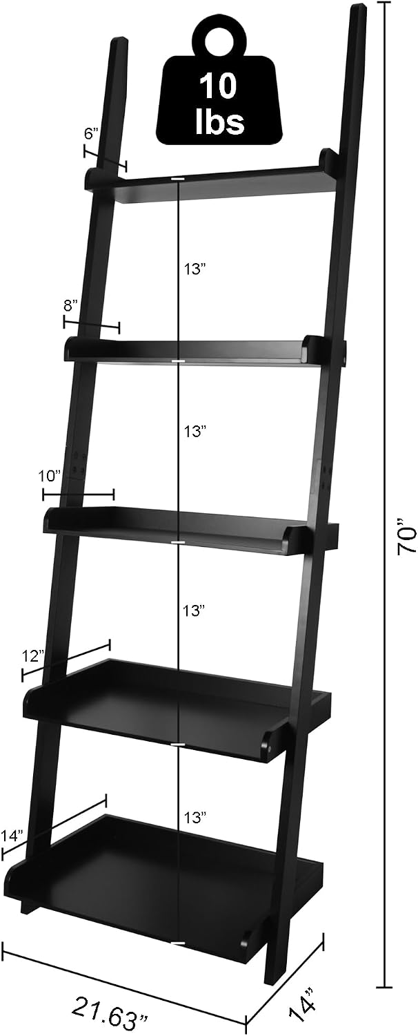 eHemco Modern 5 Tier Leaning Wall Ladder Bookshelf, Black, 70 Inches