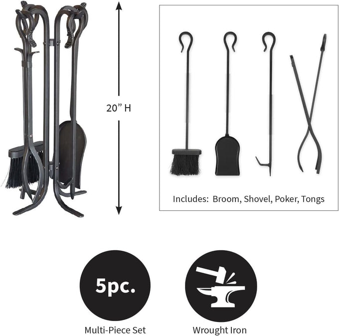 Plow & Hearth 5 Piece Hand Forged Iron Compact Fireplace Tool Set 20" | Black Wrought Iron Handle for Outdoor Indoor | Stand Poker Shovel Brush Log Tongs Wood Stove Accessory