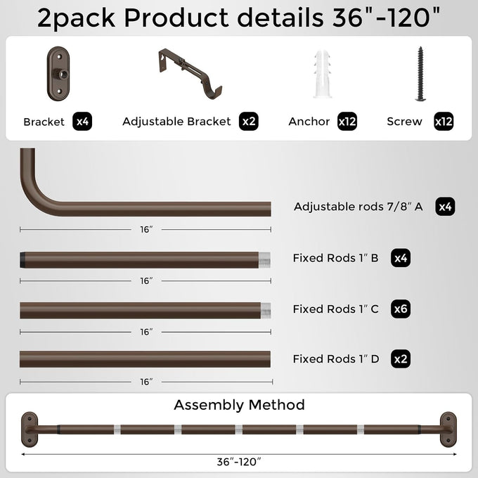 2 Pack Curtain Rod 36-120 Inch, Bronze Curtain Rods for Windows