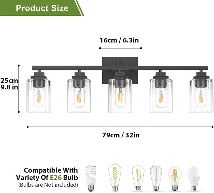 Matte Black Bathroom Light Fixtures, 5-Light Vanity Lights over mirror