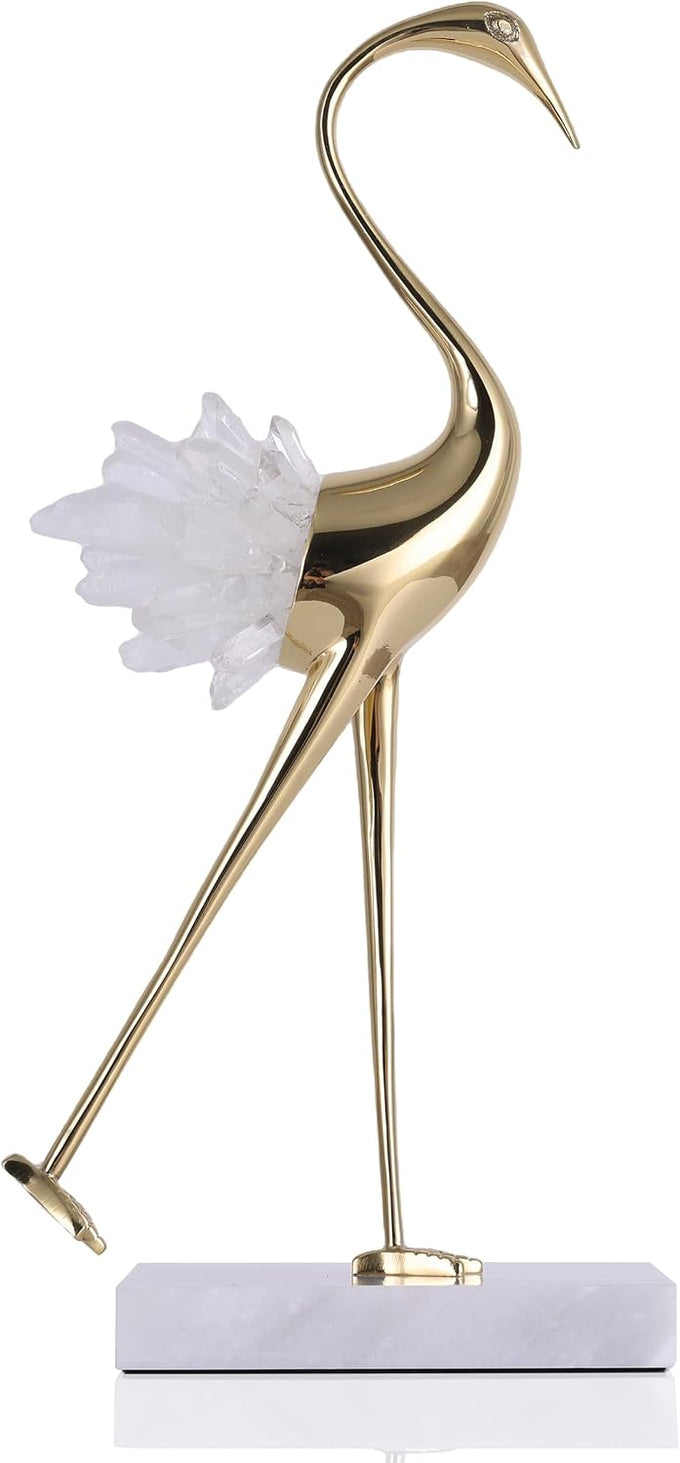 suruim Elegant Gold Crane Bird Statues with Crystal Tail Accents, Decorative Brass Figurines for Home Decor (White B)
