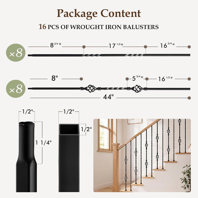 16 Pcs Wrought Iron Balusters for Staircase Interior, 44" Hollow Double Basket with Double Twist Metal Stair Spindles Balusters, 1/2" Balusters for Staircase Decorative - Matte Black
