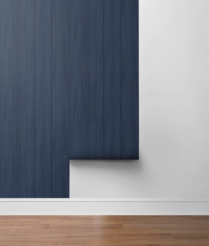 Faux Wood Panel Prepasted Wallpaper (Naval Blue)