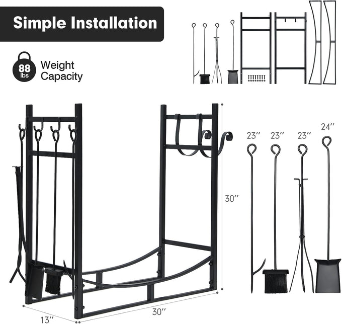 Tangkula 30 Inch Firewood Rack with 4 Tools Set, Fire Log Holder Storage Set with Brush, Shovel, Poker and Tongs, Fireplace Log Rack with Kindling Holders for Indoors and Outdoors