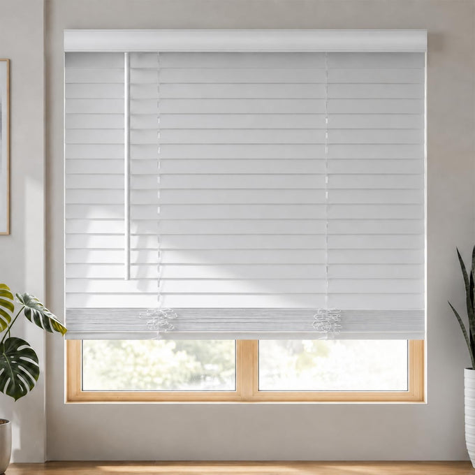 MYshade 2" Cordless Faux Wood Blinds, 34.5" W x 60" H, Slat Horizontal Blinds with Crown Valance, Room Darkening, Moisture Resistant, Window Blinds for Home Interior, White