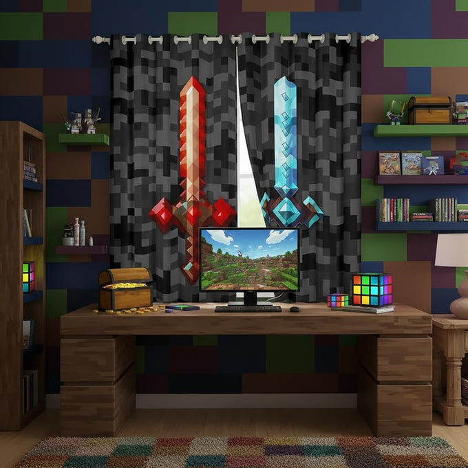 Castle Fairy Red Blue Sword Bedroom Decor Curtains,Sandbox Building Games Window Curtain,Kids Teens Pixelated Style Swords Window Treatment Grey Black Camo Blackout Drapes 2 Panels,52Wx90L