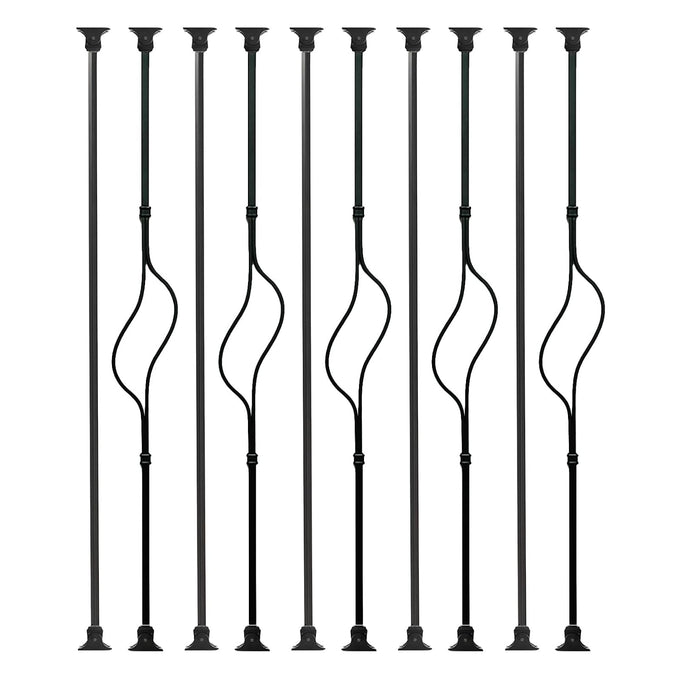 Balusters for Staircase Interior - Stair Railing Spindles, Iron Banister, Hollow Square, 1/2inch x 44inch, Crescent and Straight Balusters and Swivel Shoes (Pack of 10), Satin Black