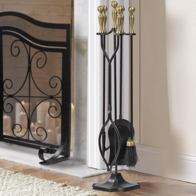 AMAGABELI Garden & Home 5 Pcs Fireplace Tools Brass Handles Wrought Iron Set Holder Indoor Outdoor Fireset Fire Pit Stand Rustic Tongs Shovel Brush Chimney Poker Wood Stove Hearth Accessories Kit
