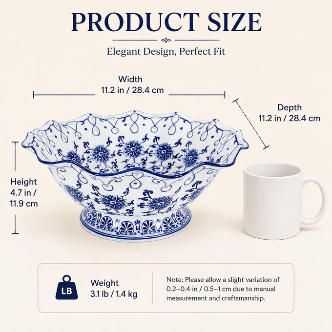 Blue and White Ceramic Fruit Bowl, Chinoiserie Decorative Pedestal Bowl