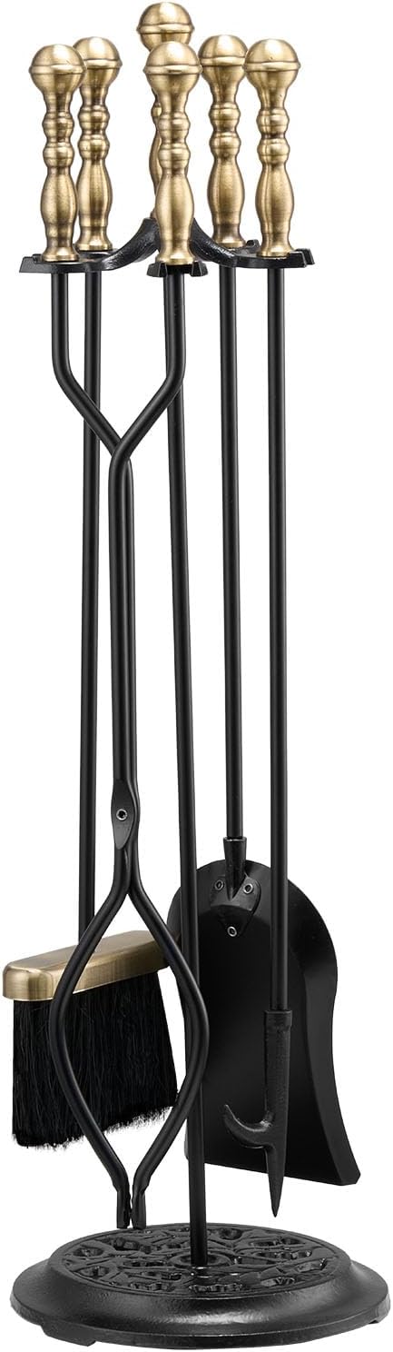 VEVOR Fireplace Tool Set, 5 PCS Fire Tool Set and Holder with Five-Prong Stand, Tongs, Ash Shovel, Brush, Fire Place Poker, Wrought Iron Fireplace Accessories for Indoor/Outdoor, Black & Brass