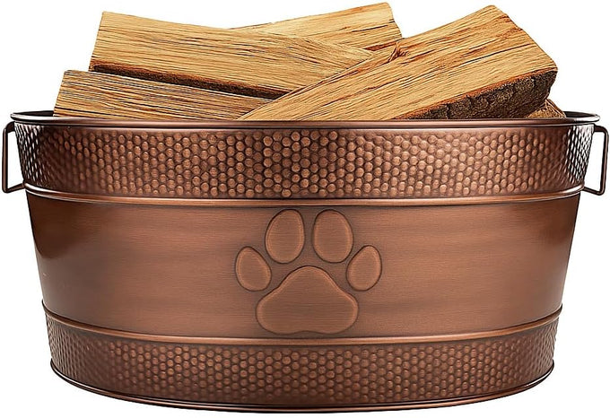BREKX 25-Quart Tub for Firewood Storage Rack Log Holder - Heavy-Duty Portable Galvanized Tub with Handles for Indoor/Outdoor (Bronze Paw)