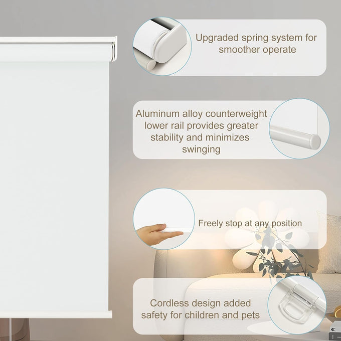 Changshade Blackout Roller Shades Cordless for Windows,100% Room Darkening Window Blinds for Bedroom,Thermal Insulated UV Protection,Easy Install Pull Down Shades for Home,35.5" w x 72" h,White
