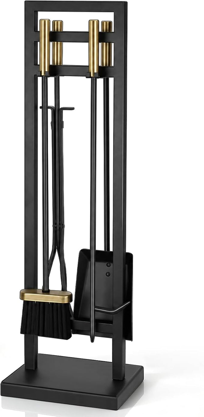FEED GARDEN 5-Piece Fireplace Tool Set, 30" One-Piece Stand, Wrought Iron