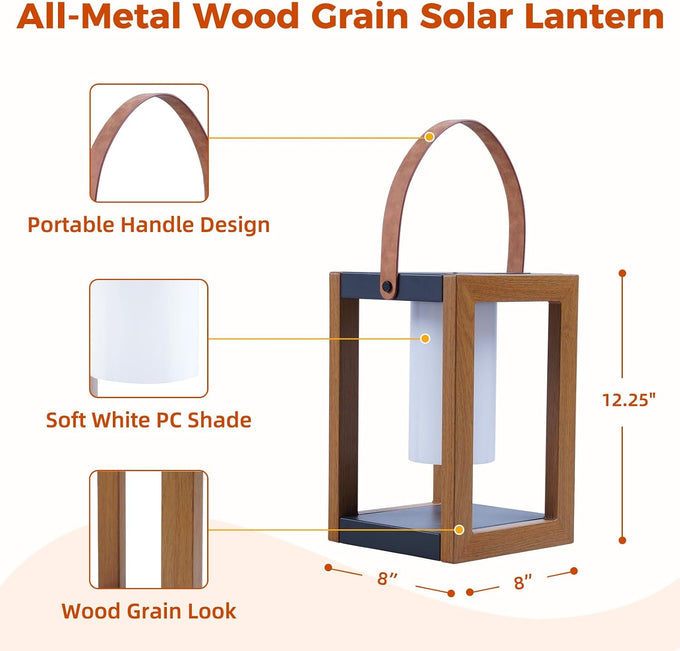Solar Yard Outdoor Solar Lanterns, Solar Lamp Decorative Outdoor Water-Resistant Steel Table Decor with Handle for Patio, Yard, Porch, Small Woodgrain