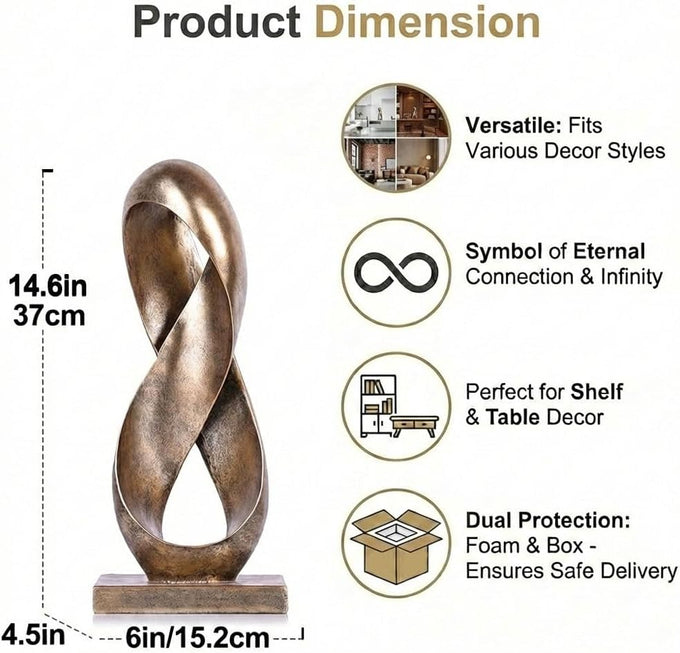 14.6" Tall Abstract Bronze-Finish Knot Sculpture, Modern Resin Infinity Loop Statue, Modern Tabletop Decor for Coffee Table, Bookshelf, Mantel, Entryway, Living Room Office Accent Centerpiece