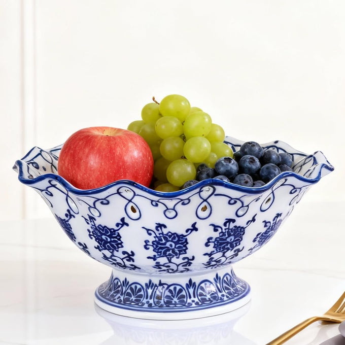 Blue and White Ceramic Fruit Bowl, Chinoiserie Decorative Pedestal Bowl