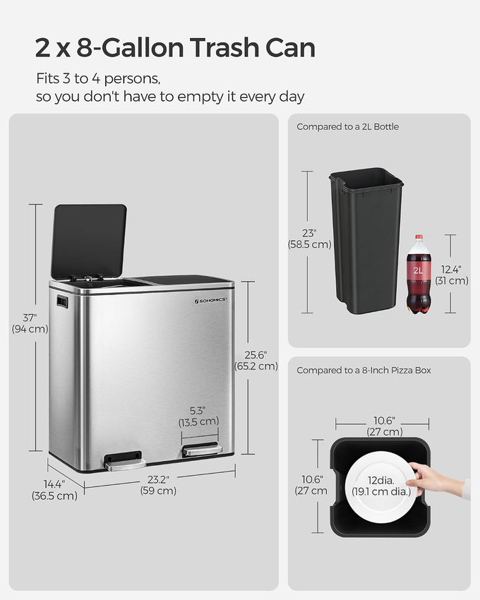 SONGMICS Trash Can, 2 x 8 Gallon (2 x 30 L), Silver and Black