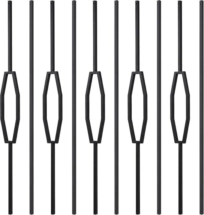 10 Pack Wrought Iron Railing, 44" x 1/2" Rectangular Hollow Staircase Baluster, Black Stair Spindles Balusters for Staircase Interior (5 Rectangular and 5 Straight)