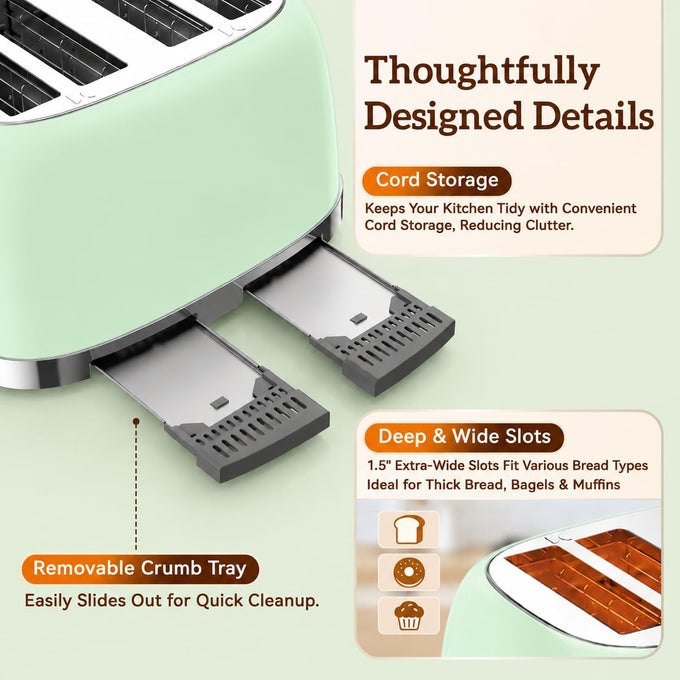 Retro 4 Slice Toaster with Touch Screen & Wide Slots, Mint Green