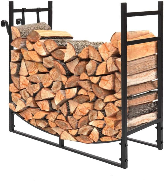 Outvita 2 Tier Firewood Log Rack, Iron Lumber Storage Holder, Wood Pile Stacker Organizer for Indoor Outdoor Fireplace Fire Stove Pit With 4 Fire Tools Hanging Hooks Christmas Elements Brown
