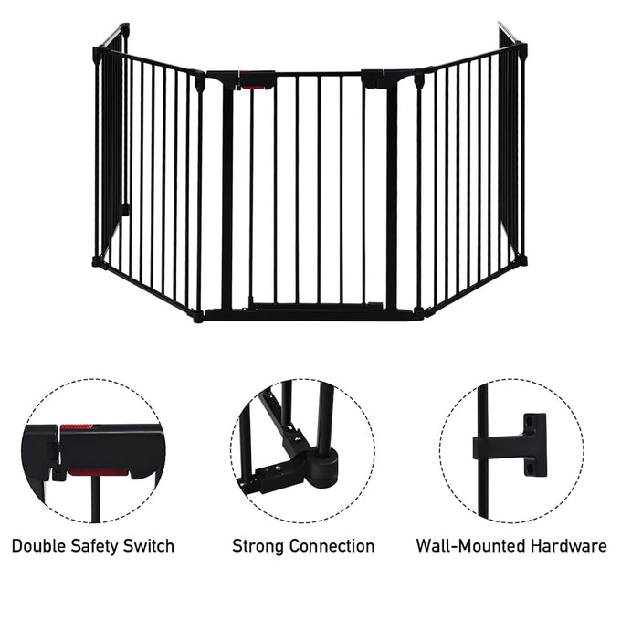 Costzon Baby Safety Gate, 121 Inch Length 5 Panel Adjustable Wide Fireplace Fence, BBQ Metal Fire Screen Gate, Pet Isolation Fence with Walk-Through Door, Freestanding Pets Gate