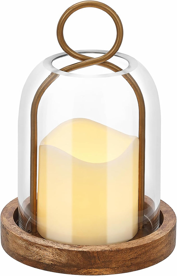 16" High Versatile Vintage Brass Metal Candle Holder with Handmade Sturdy Glass Dome and Natural Wooden Base for Pillar Candle & Plants, Industrial, Farmhouse, Shabby Chic, Display Cloche Bell Jars