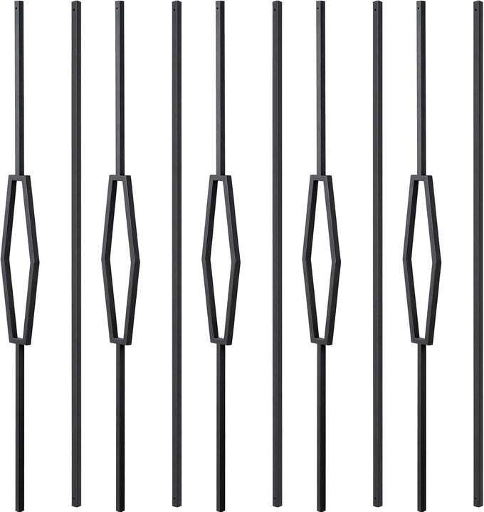 10 Pack Wrought Iron Railing, 44" x 1/2" Rectangular Hollow Staircase Baluster, Black Stair Spindles Balusters for Staircase Interior (5 Rectangular and 5 Straight)