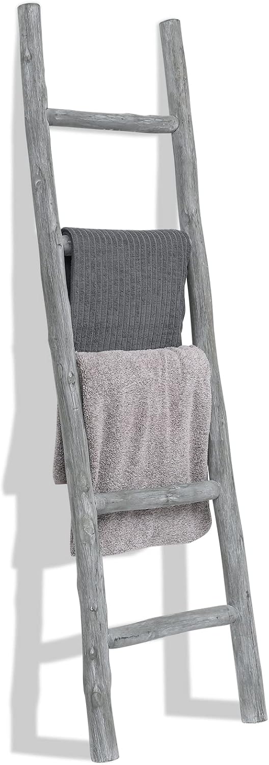 FUIN Blanket Ladder, 57in Wood Rustic Decorative Ladder, Light Gray